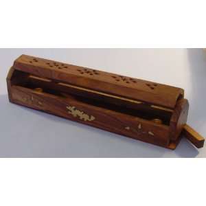  Wooden Coffin Incense Burner   Dragon 12   Brass Inlays 