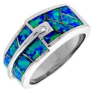   Silver, Synthetic Opal Inlay Ring, 3/8 (9 mm) Wide, size 9 Jewelry
