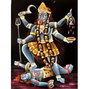 Indian God Goddess Kali Handmade Oil Painting on Velvet Fabric Canvas 