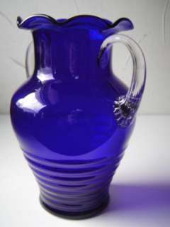 ART DECO ART GLASS VINTAGE RIBBED COBALT VASE W/ CLEAR APPLIED GLASS 