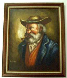 Vintage Old Man w/ Hat & Pipe Oil Painting by Benson  