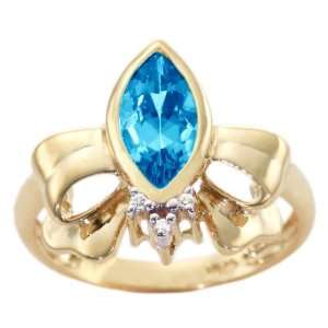  14K Yellow Gold Pear Gemstone Bow Ring Swiss Blue Topaz 