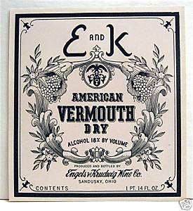 Engels Krudwig Wine Co Vermouth Label Sandusky Ohio  