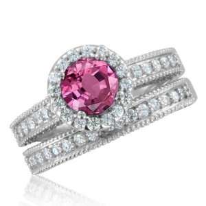 Milgrain Natural Pink Sapphire Diamond Engagement Wedding Ring Bridal 