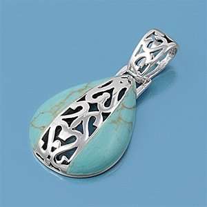   Silver Turquoise Teardrop Shape Filigree Art Center Pendant Jewelry