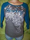 HURLEY girls 3/4 sleeve tee shirt   TEAL GRAY WHITE   S