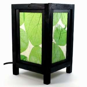  Mulberry Paper Wood Frame Table Lamp, Green Leaf Design 