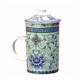 Asian Porcelain Mug for Tea or Coffee with Lid   Yellow and Green 