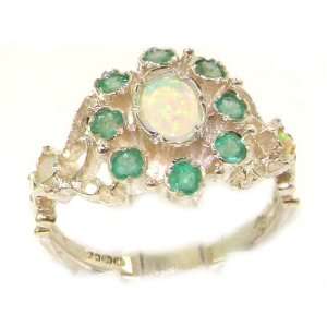 Unusual Solid Sterling Silver Natural Opal & Emerald Ring with English 
