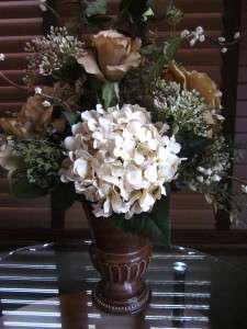 Silk Floral Arrangement Centerpiece Creme Hydrangeas Brown Beige Roses 