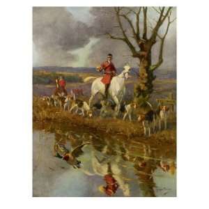  Huntsman Riding with Hounds Along a Riverbank Stretched 