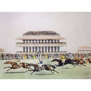 Derby Stakes Epsom in 1839 Etching Pollard, James Horse Racing Steeple 