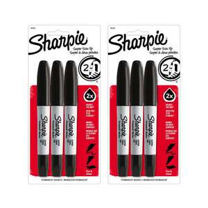 Sharpie Super Twin Tip Permanent Markers, Fine/Chisel, Black Ink, 6 