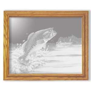  Etched Mirror Jumping Bass Fish Art in Solid Oak Rectangle 