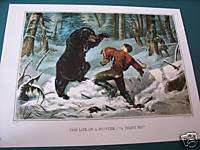 Currier & Ives Print   Life Of Hunter. Bear Attack BOGO  