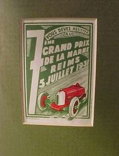 ART DECO FRAMED STAMP 1931 REIMS GRAND PRIX *AUTO RACE* AUTOMOBILIA 