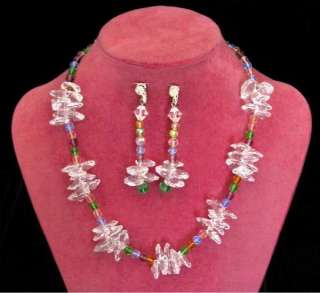 Art Deco Pink Green Clear Rock Crystal Necklace Demi  