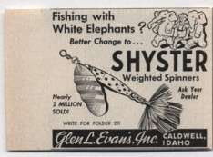 1958 VINTAGE AD~SHYSTER WEIGHTED SPINNER FISHING LURE Glen Evans Inc 