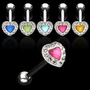  Barbells with Heart Shaped Pink Gem and Clear Paved Gems 