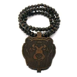  Good Wood Bear Head Wood Pendant w/ Ball Chain Necklace 