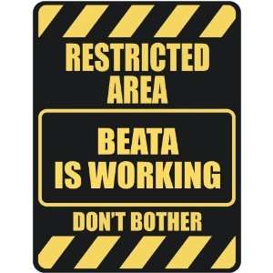   RESTRICTED AREA BEATA IS WORKING  PARKING SIGN