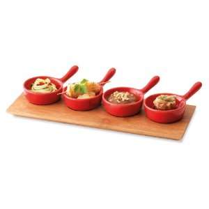  5 Piece Tasting Plate Mini Red Chef Pan & Bamboo Board Set 