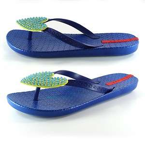 Abria Blue jelly thong flip flop sandal, oversized rhinestone heart 