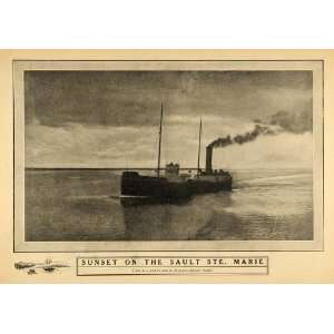  1908 Print Saturday Calm Sault Ste. Marie Sunset Boat 