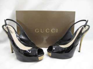 Gucci Black Patent Leather Baset Woven Covered Platform Slingback 