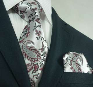   74K Silver Red Black Floral Mens Silk Tie Set Tie+Hanky &Plastic Hook