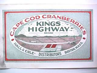 Cape Cod Cranberry Label Kings Highway Brand 1/4 Bbl  
