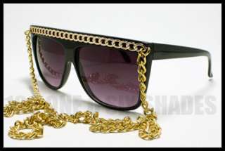 Celebrity Pop Star Fat GOLD CHAIN Sunglasses Flat Top BLACK Oversized 