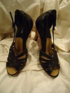 Michael Kors Black Leather Open Toe Wooden Platform High Heel Shoe 