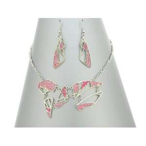  Silver Tone Necklace & Earring Set Encrusted w/ Pink 