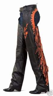 LADIES MOTORCYCLE CHAPS WITH STUDS,FLAMES & FRINGE SIZE SMALL NEW C340 