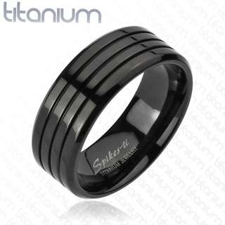 Ti Titanium Mens Black Triple Groove Comfort Fit Wedding Band Ring 