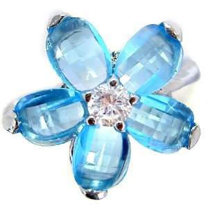   Flower Cut Sterling Silver Simulated Aquamarine Ring R107 Jewelry