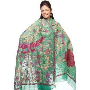 Jade Green Shawl with Kantha Stitch Embroidered Flowers by Hand   Pure 