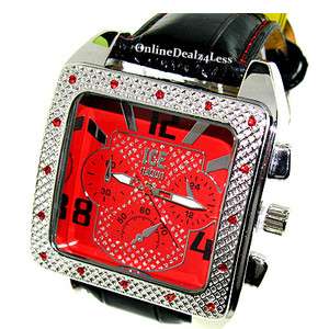 ICED OUT MENS RED/SILVER/BLACK ICE NATION HIP HOP BLING LEATHER WATCH 