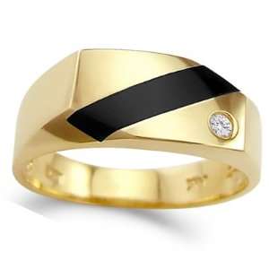 Mens Onyx Ring CZ 14k Yellow Gold Pinky Band Cubic Zirconia (1/4 CTW 