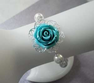 Teal Blue Coral Carved Rose flower Pearl Silver Bracelet  