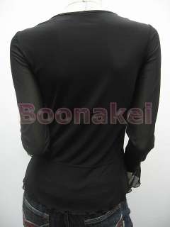 Black Sequined Ruffle Stretchy Blouse Top S/M B494 SALE  