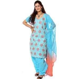   Blue Salwar Suit Fabric with All Over Embroidered Wheels   Pure Cotton