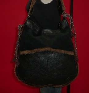   BLACK LEATHER Suede and Faux Fur Carryall Tote Bag Purse Boho  