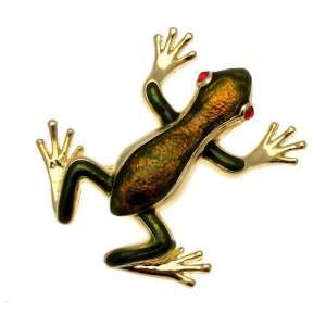 Acosta Brooches   Gold Colored with Green Enamel Frog Brooch   Gift 