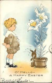 Whitney Easter Boy Rabbit Flower Pot c1910 Postcard  