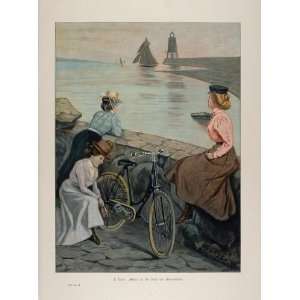 1899 Print Women Bicycle Harbor Swinoujscie Poland Edel   Original 