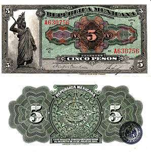 Mexico $ 5 Pesos Republica Mexicana July 21, 1915 A.U.  