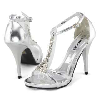 SHOEZY silver dress T strap rhinestones platform heels sandals shoes 