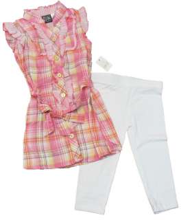 POGO CLUB Pink Plaid Button Down Shirt & White Leggings Set Girls M 5 